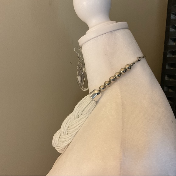 White Braided Necklace Twisted with 2 Pair of Matching Earrings - Picture 5 of 12